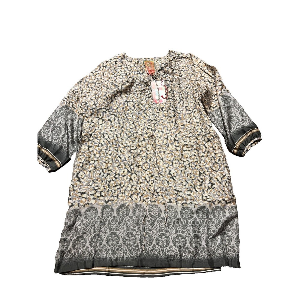 New Johnny Was Womens Gray Floral Silk Chiffon Drawstring Waist Tunic Dress Sz L